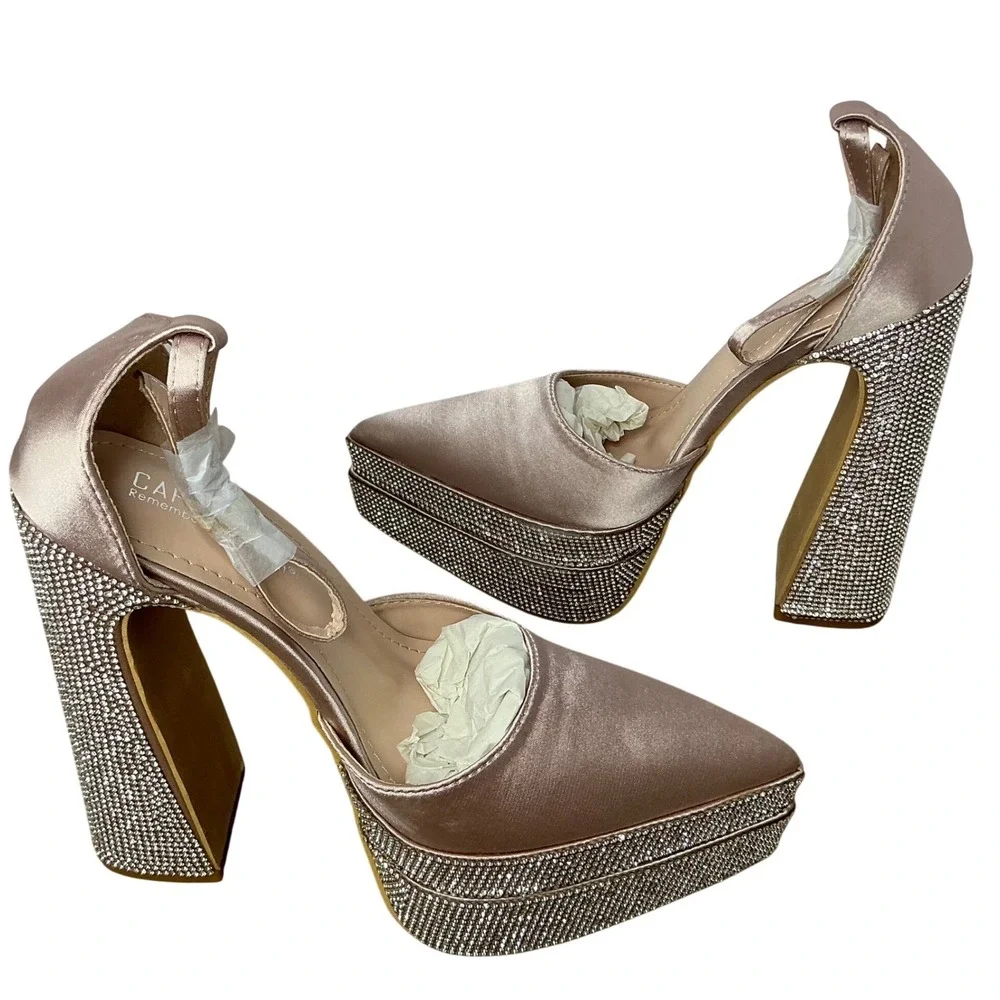 Cape Robbin Snow White-2 Satin Rhinestone Platform Block Heel Pumps Womens 6
